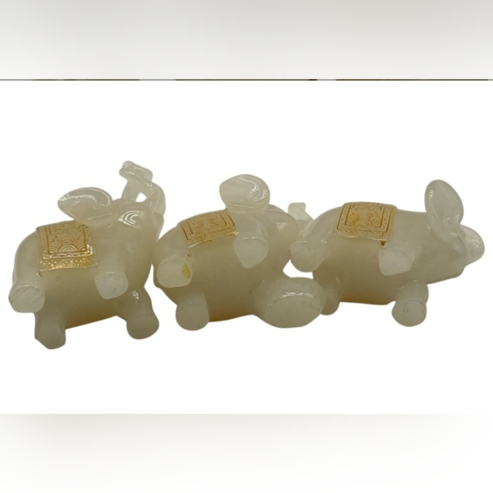 Feng Shui Set of 3 White Jade Elephant Figurines with Gold Accents - Picture 3 of 11
